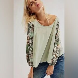 Free People Sage Green Floral Sleeve Blouse